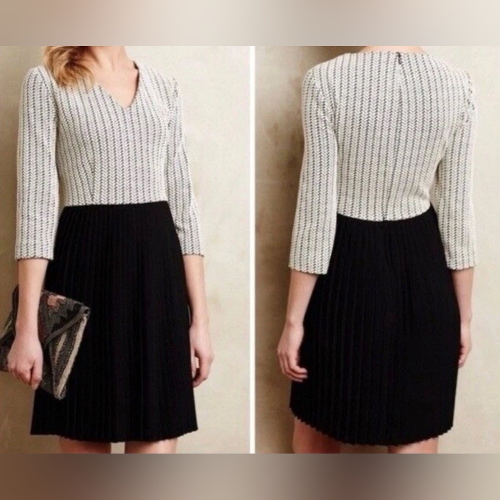 GANNI x Anthropologie Black & White Jacquard Knit Pleated Mini Dress- M NEW $158